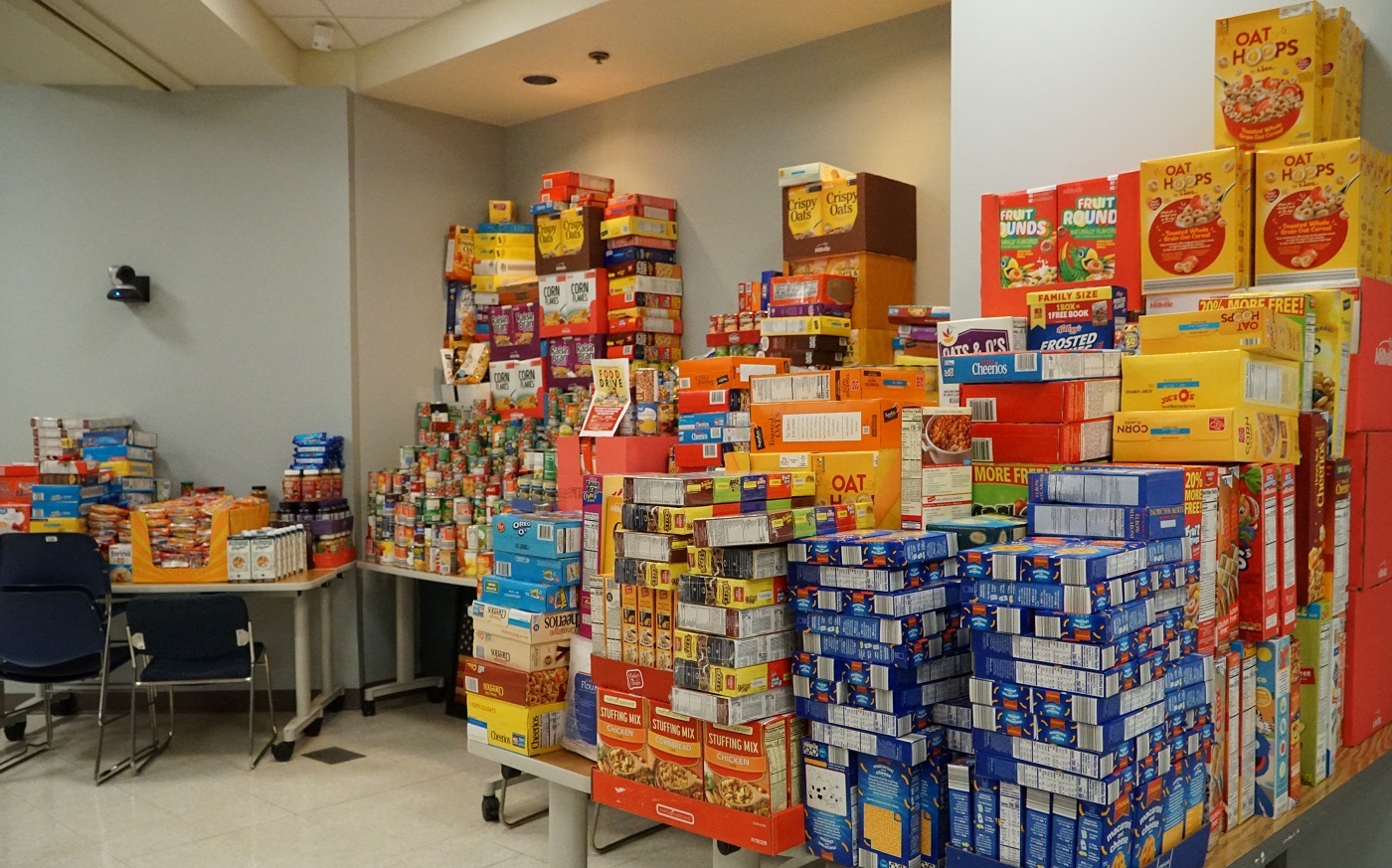 boxes of food stacked on tables