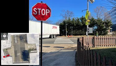 9th St. Looking towards S. Glebe. RRFB and deteriorating median and non-compliant ADA ramps.