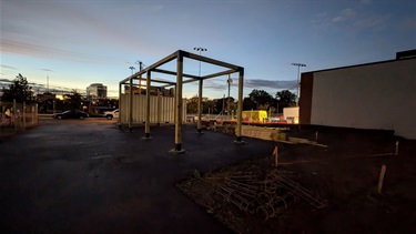Shade structure framing at 2700 Art Space- Oct. 2025