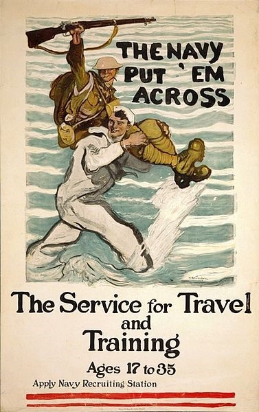 Propaganda poster with text 'The Navy put 'em across, The service for Travel and Training'