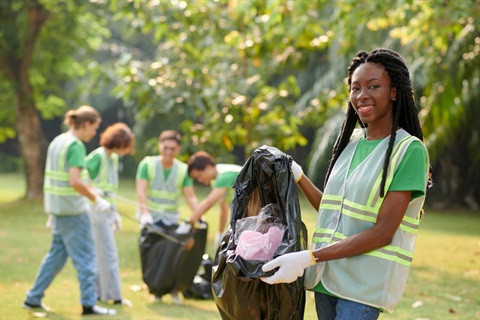 Group of teens cleaning trash from the lawn of a park.
