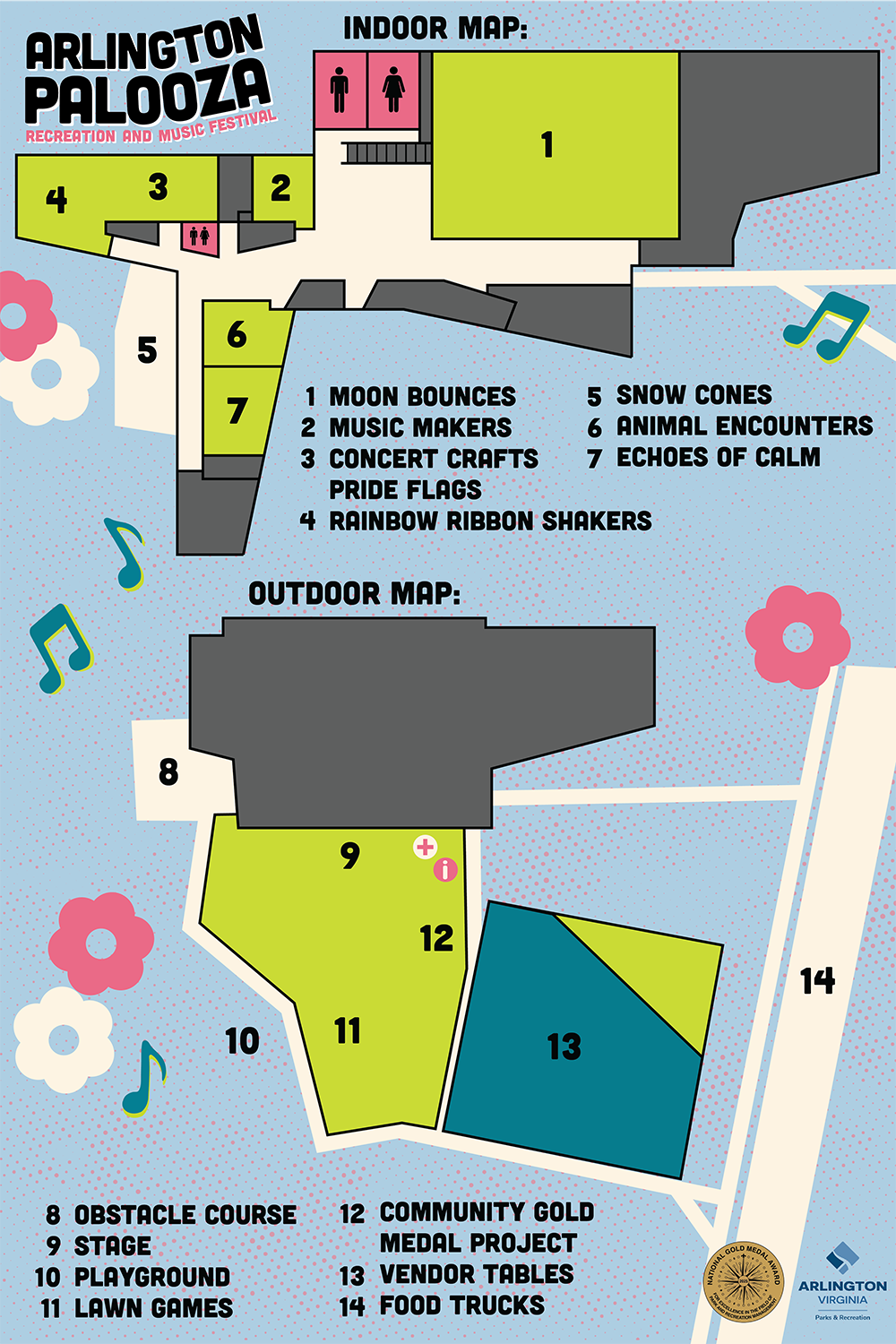 This graphic is an event map for Arlington Palooza: Recreation and Music Festival, organized by Arlington Virginia Parks & Recreation. The map is divided into two sections: an Indoor Map and an Outdoor Map, each using numbered zones to identify specific activities.