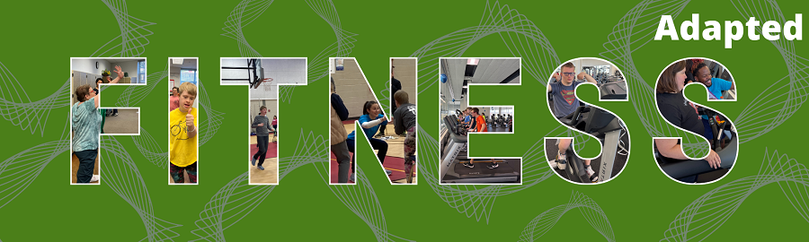 Graphic with the word 'FITNESS' spelled out using photos of people engaging in fitness activities. The title 'Adapted' is placed above, on a green background with decorative patterns.