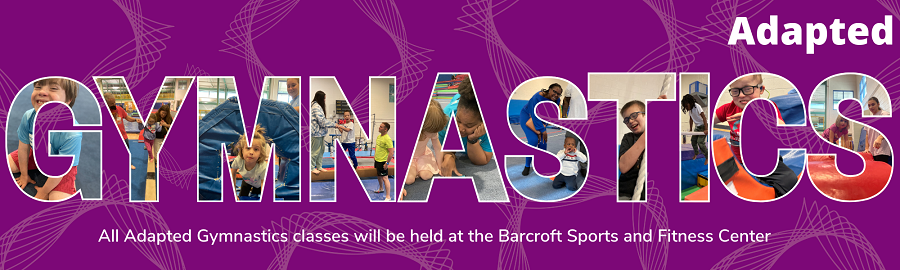 Graphic with the word 'GYMNASTICS' spelled out using photos of people engaging in gymnastics activities. The title 'Adapted' is placed above, on a purple background with decorative patterns.