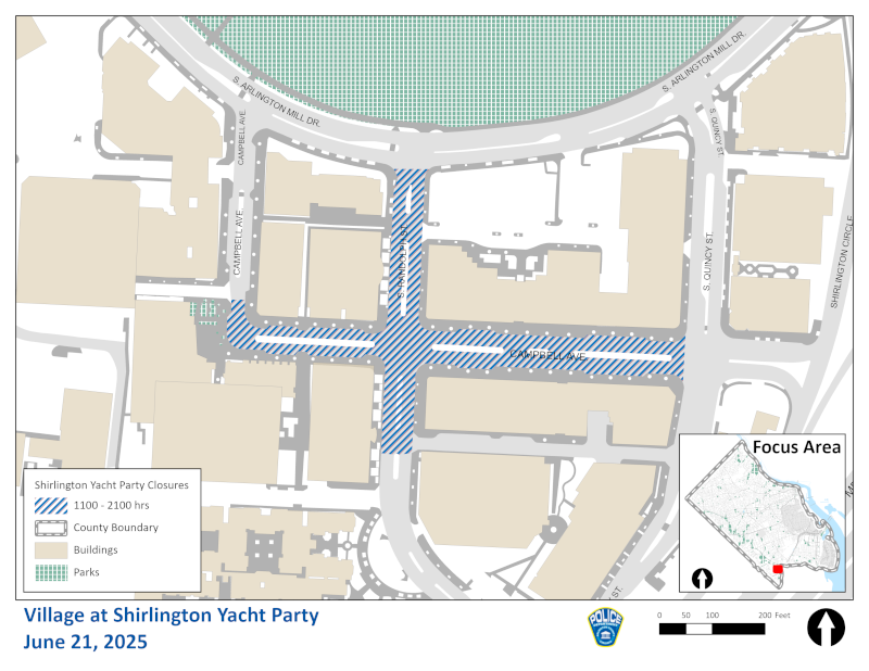 Road closure map of the Village at Shirlington Yacht Party