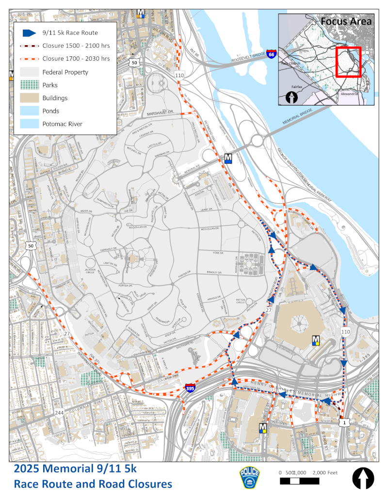 Road closure map of 9/11 Memorial 5K 2025