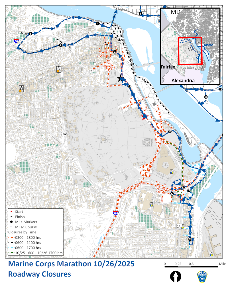 Map of road closures for 2025 Marine Corps Marathon