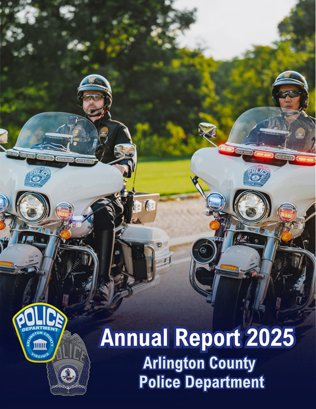 Officers riding police motorcycles with text reading 2025 Annual Report Arlington County Police Department