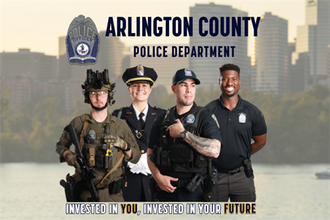 Group of police officers wearing different uniforms over background of Arlington buildings and river