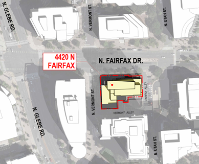 Map showing a highlighted building site at 4420 North Fairfax Drive in Arlington. The site is outlined in red and bounded by North Fairfax Drive to the north, North Vermont Street to the west, and private alleys to the east and south.