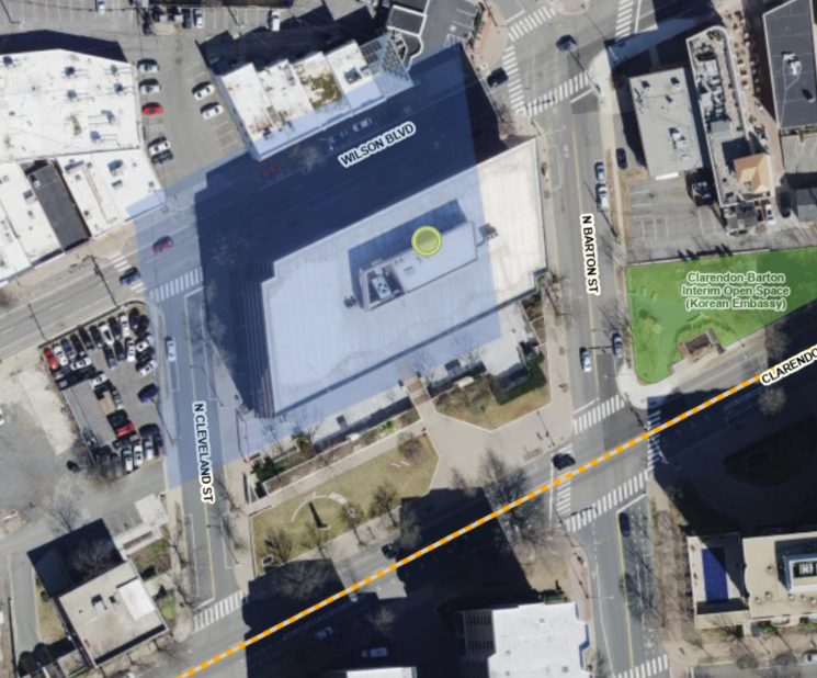 A bird's-eye view of 2500 Wilson Blvd., showing the site bordered by Clarendon Blvd., N. Barton St., Wilson Blvd., and N. Cleveland St.
