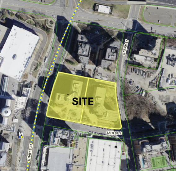 Aerial map with a yellow‑shaded site labeled “SITE” between South Hayes Street, South Fern Street, and 12th Street South.