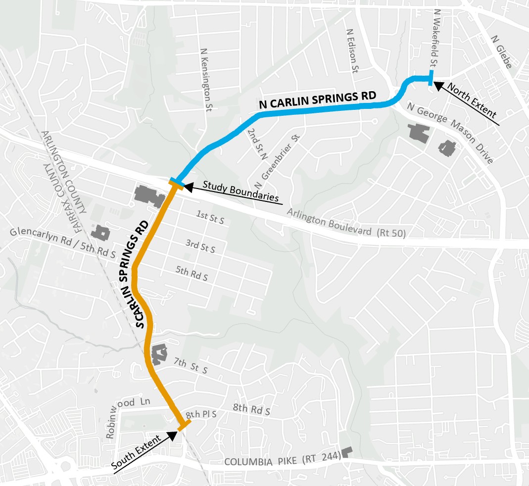 Map showing the study extents for the N Carlin Springs Road Study as a blue line and the S Carlin Springs Road Study as a gold line.