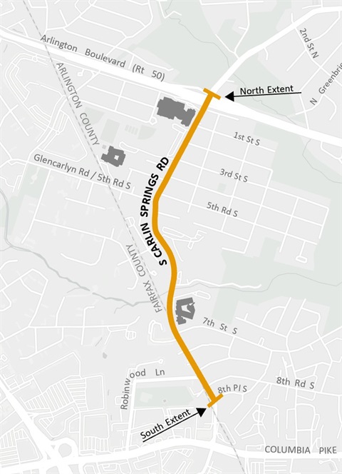Map shows a gold line, indicating the study extents, along S Carlin Springs Road from the County Line in the south to the on ramps with Arlington Boulevard to the north.