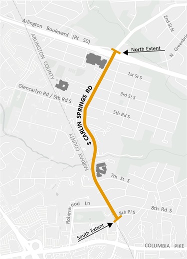Aerial map showing the S. Carlin Springs Road study extents as a gold line from he County line near the intersection of 8th Pl. S. to the westbound Arlington Boulevard Ramps.