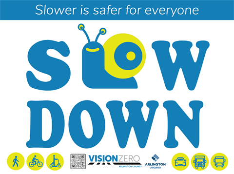 Lawn sign that says Slow Down: Slower is Safer for Everyone with a snail image.