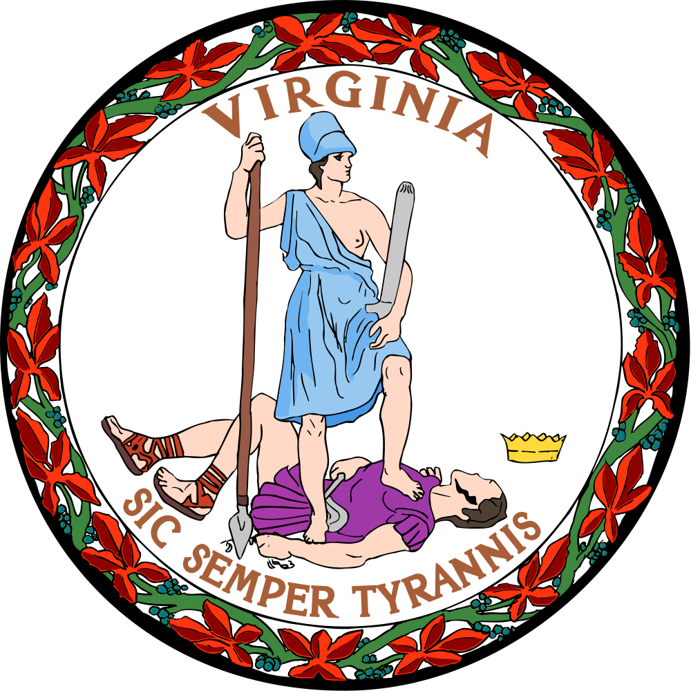 The seal of Virginia features Virtus, the Roman goddess of virtue and genius with one foot on a prostrate man representing Tyranny. She holds a spear and a sheathed sword, with the motto 