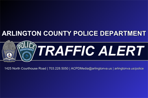 Blue background with police patch and badge logos with text reading Arlington County Police Department Traffic Alert