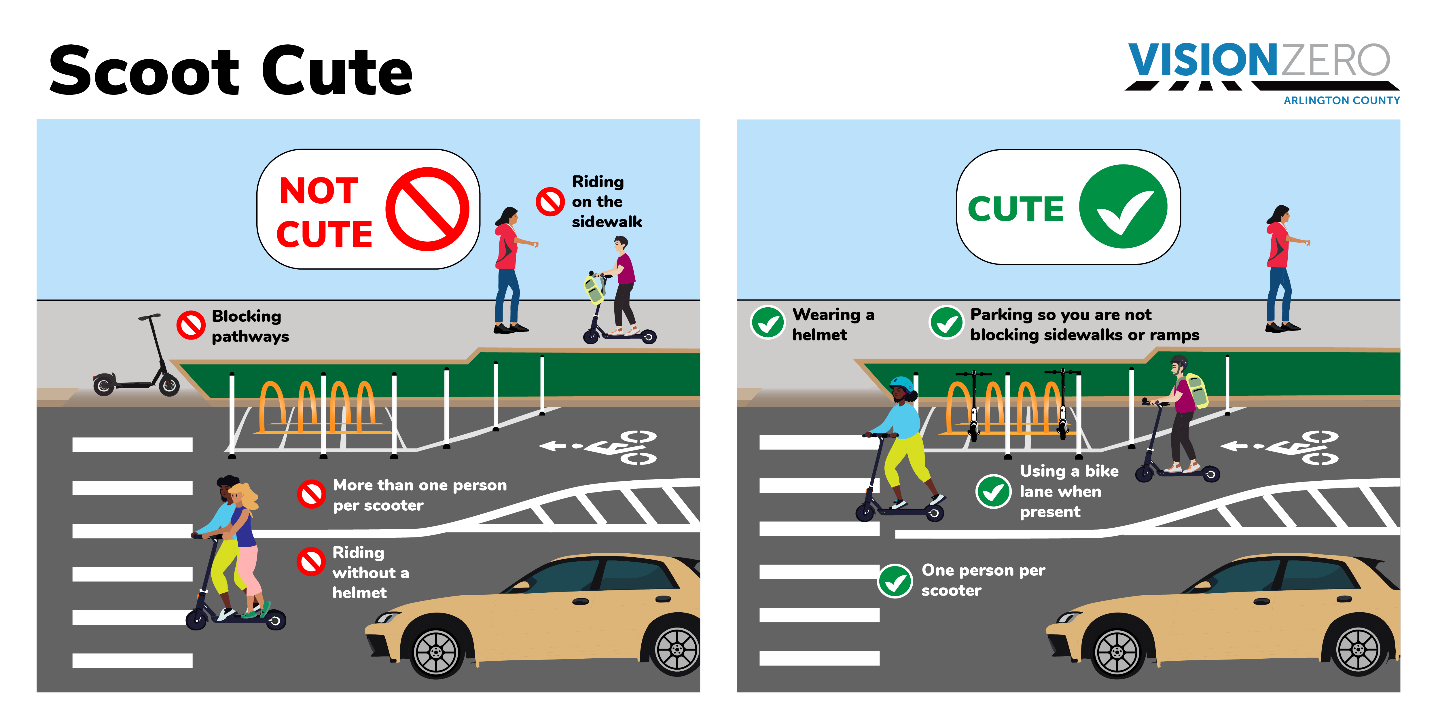Scoot Cute campaign encouraging scooter riders to wear a helmet, have no more than one person on a scooter, use a bike lane when using a scooter, and park in designated parking spaces to not block sidewalks or ramps.